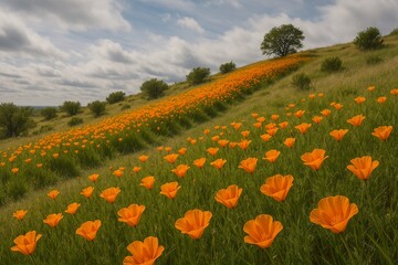Fototapeta premium Vibrant Orange California Poppies in Bloom on a Rolling Hillside Under a Cloudy Sky