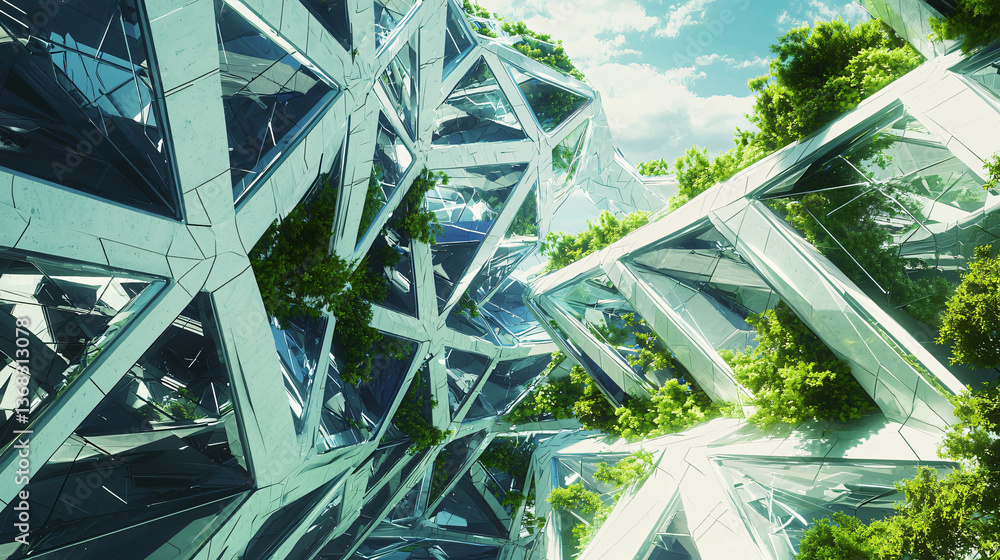 Poster innovative very futuristic building design featuring bright angular geometric shapes layered with fl