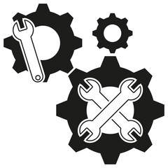 Gear and wrench icon. Crossed tool shapes. Repair symbol concept. Vector industrial design.