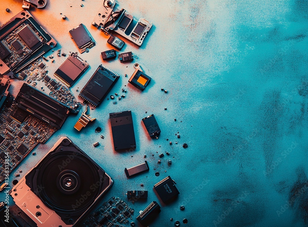 Poster minimalist stock photo of an open hard drive, computer components, and flash drives scattered around