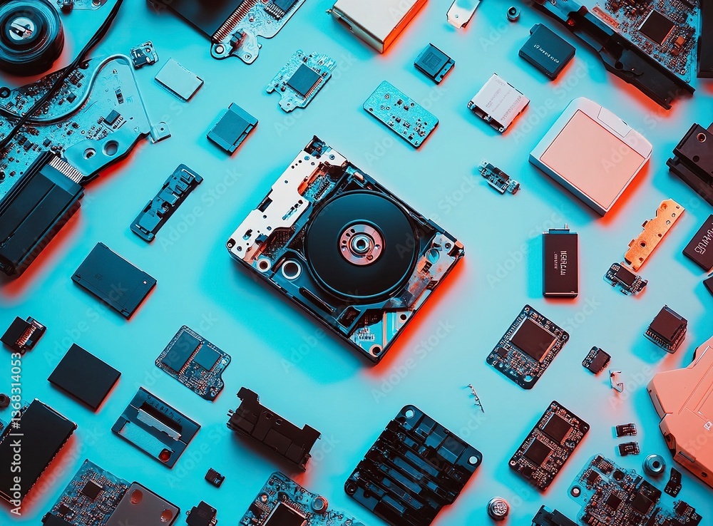 Poster minimalist stock photo of an open hard drive, computer components, and flash drives scattered around