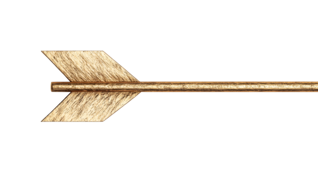 Golden arrow with shaft, wood texture background, cut out transparent