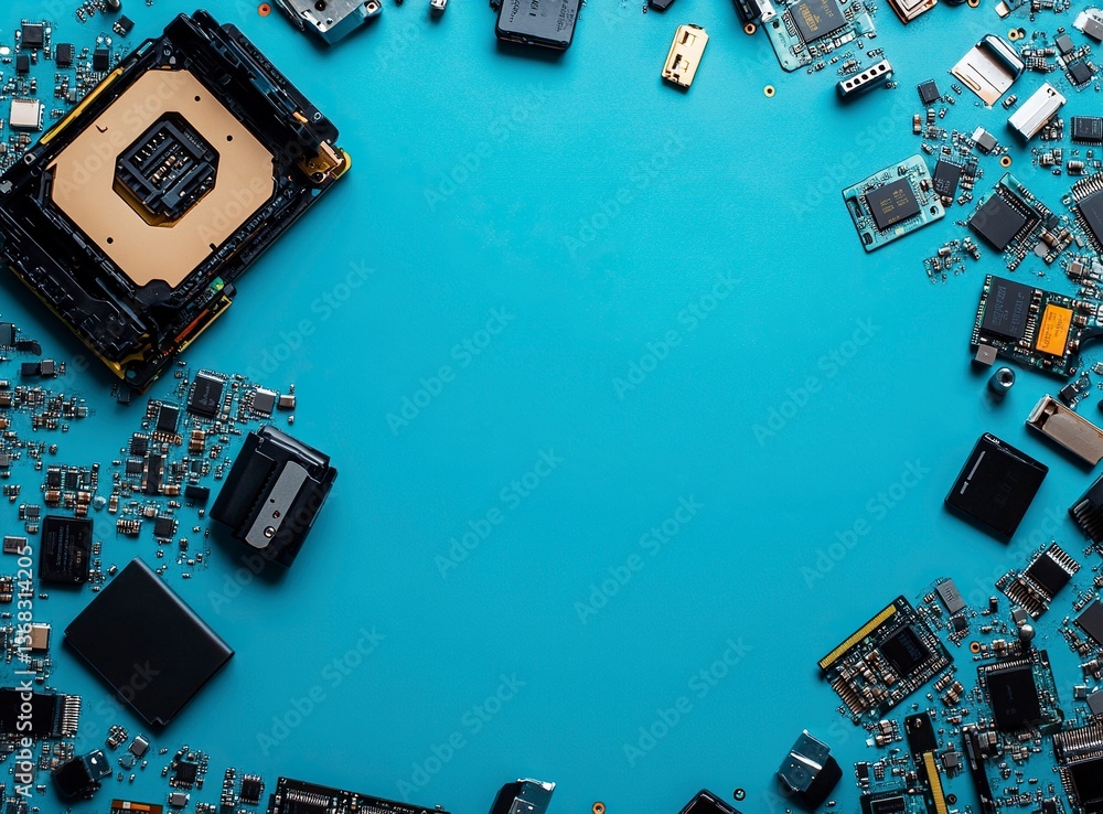 Poster minimalist stock photo of an open hard drive, computer components, and flash drives scattered around