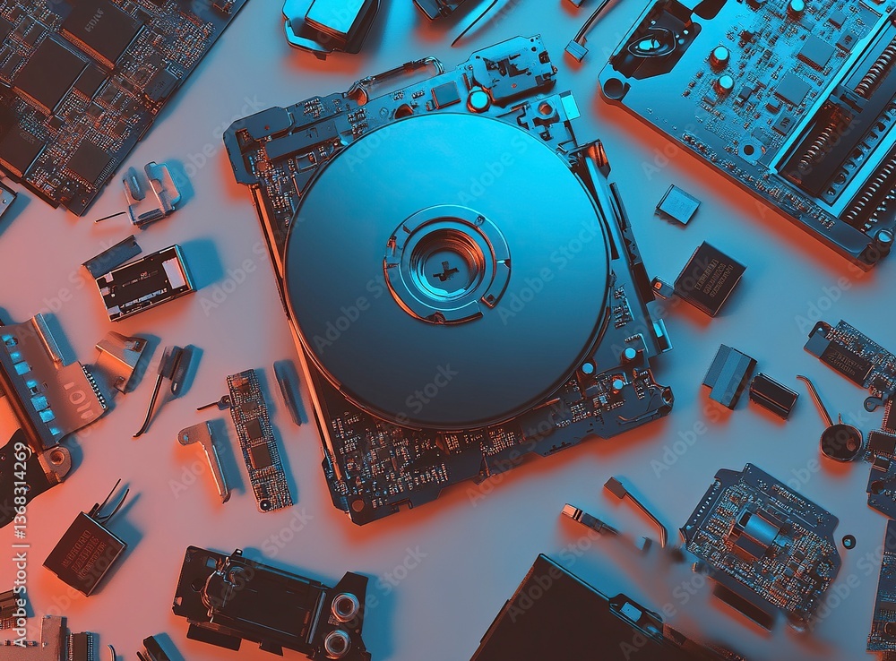 Poster minimalist stock photo of an open hard drive, computer components, and flash drives scattered around