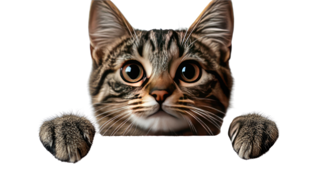 Playful Peek: A curious feline peeks out from behind an invisible object, with wide eyes and a charming expression, inviting viewers to embrace a moment of pure delight.