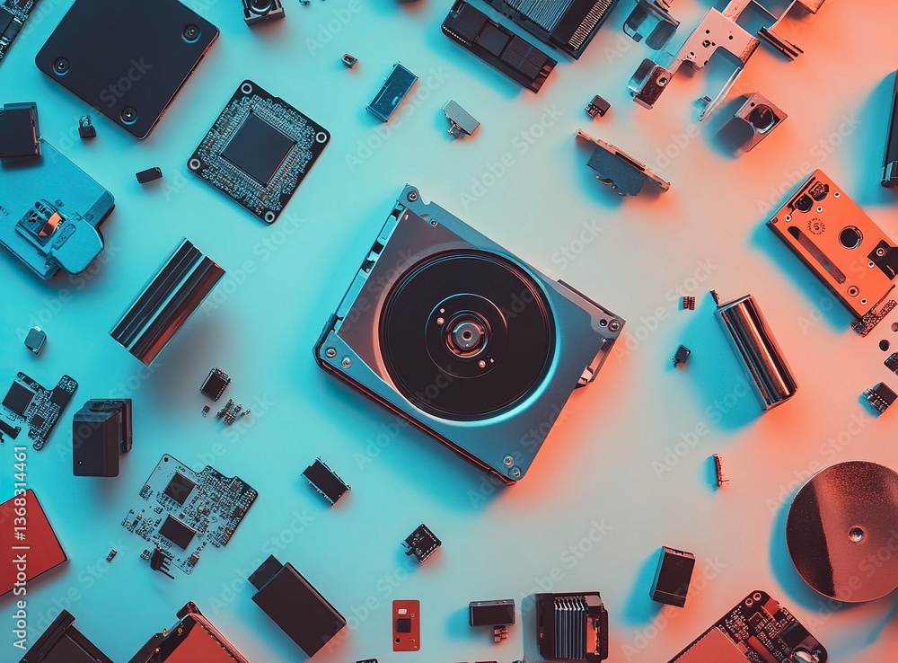 Poster minimalist stock photo of an open hard drive, computer components, and flash drives scattered around