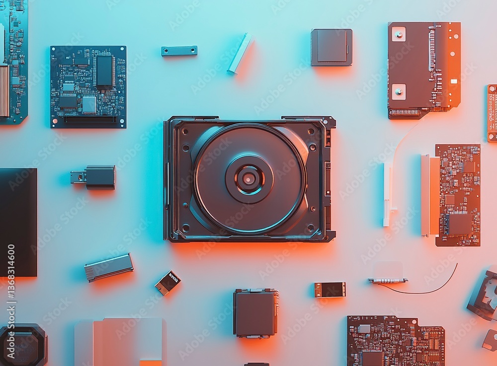 Poster minimalist stock photo of an open hard drive, computer components, and flash drives scattered around