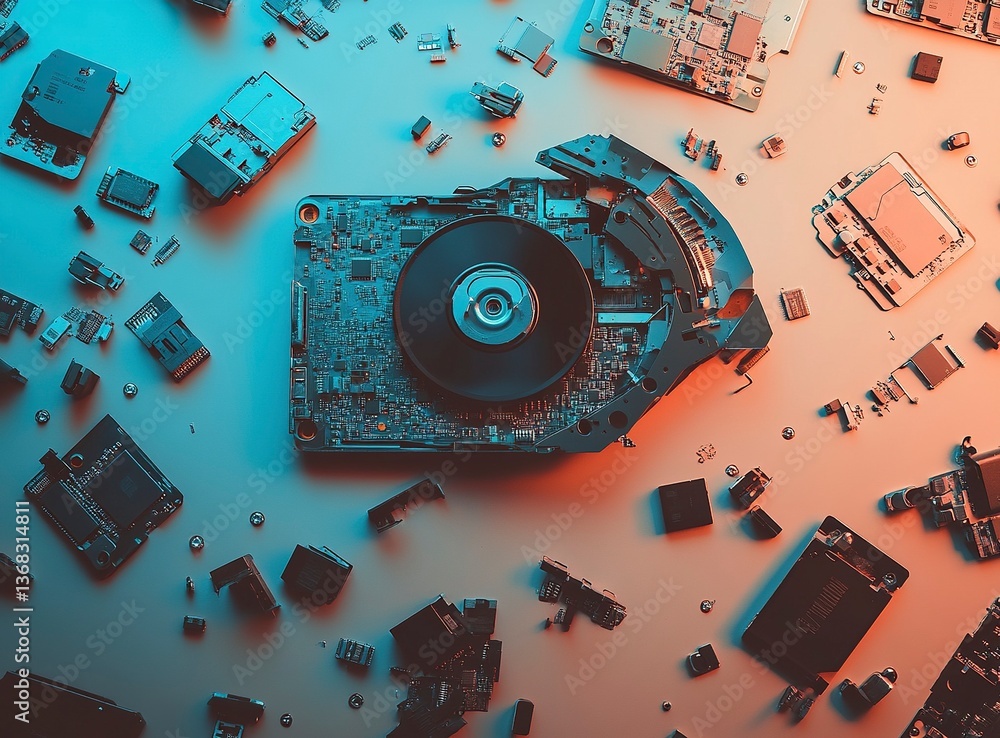 Poster minimalist stock photo of an open hard drive, computer components, and flash drives scattered around