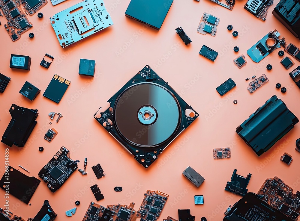 Poster minimalist stock photo of an open hard drive, computer components, and flash drives scattered around