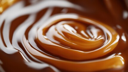 Close-up of smooth, glossy caramel swirl, showcasing rich texture and color.
