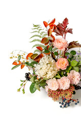 a summer or autumn garden bouquet of roses, hydrangeas and burgundy bubblegum on a white background...