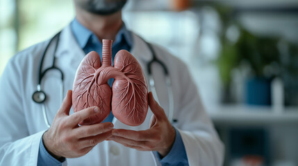 World Asthma Day, Medical Expert with Stethoscope Holding Lungs Model to Explain Respiratory Conditions, AI Generated Images