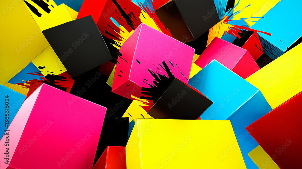 Poster collection of colorful boxes in a variety of shapes and sizes arranged in a chaotic display of brigh