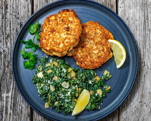 chicken patties with kale almond parmesan salad