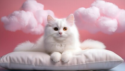 Beautiful White Cat peacefully Relaxing on a Cosy Pillow surrounded by fluffy cottony Clouds. adorable cute cat scene. Tranquility and relaxation concept.
