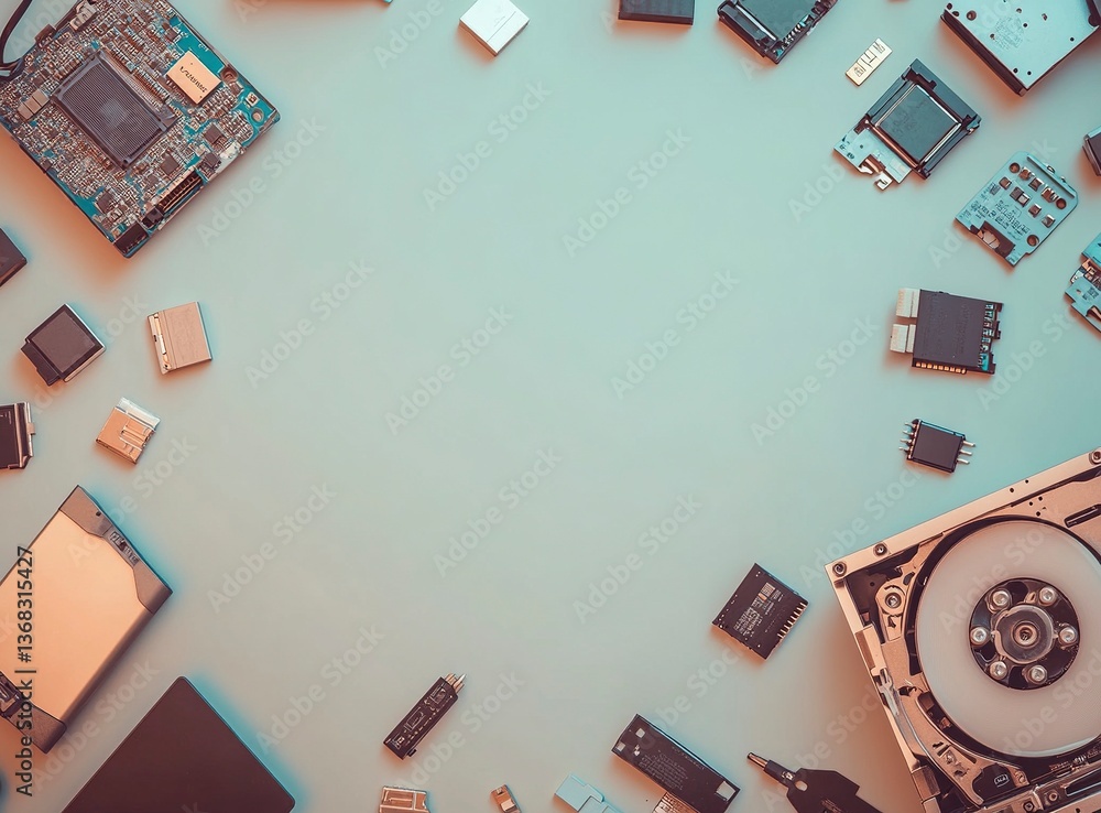 Poster minimalist stock photo of an open hard drive, computer components, and flash drives scattered around
