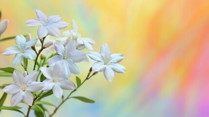 Obraz premium A delicate bouquet of white flowers against a colorful, blurred background.
