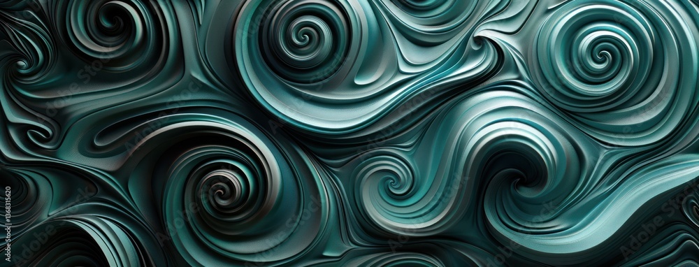 Poster 3d wallpaper waves swirl round curl dark green shadows curve turbulence made turquoise spiral curl s