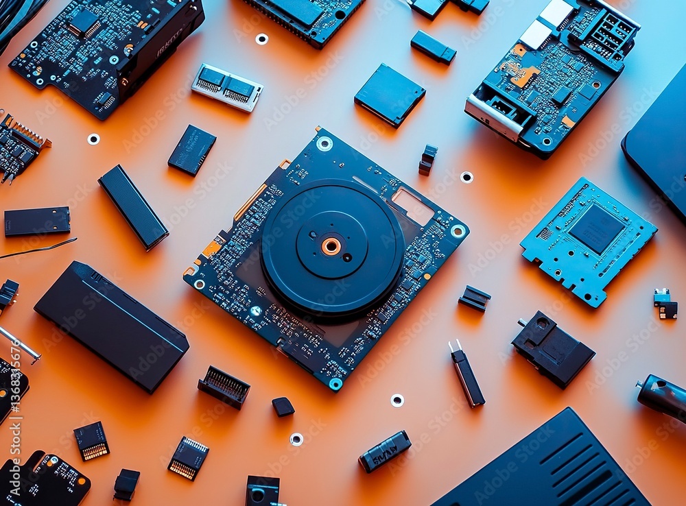 Poster minimalist stock photo of an open hard drive, computer components, and flash drives scattered around