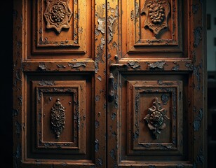 Intricate wooden door with flaking paint and vintage details