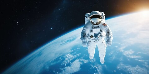 Astronaut in Space with Earth Below, Infinite Galaxy in the Distance
