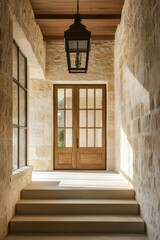 Obraz premium The inviting entrance features rustic stone walls and elegant wooden double doors, illuminated by a charming lantern that casts a warm glow during the afternoon hours
