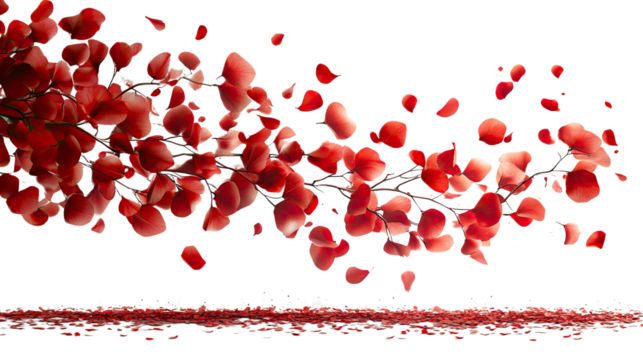 Crimson Petal Cascade: Elegant dance of red petals gracefully falling from delicate branches creating a vibrant and romantic display. Evoking feelings of beauty, love, and fleeting moments
