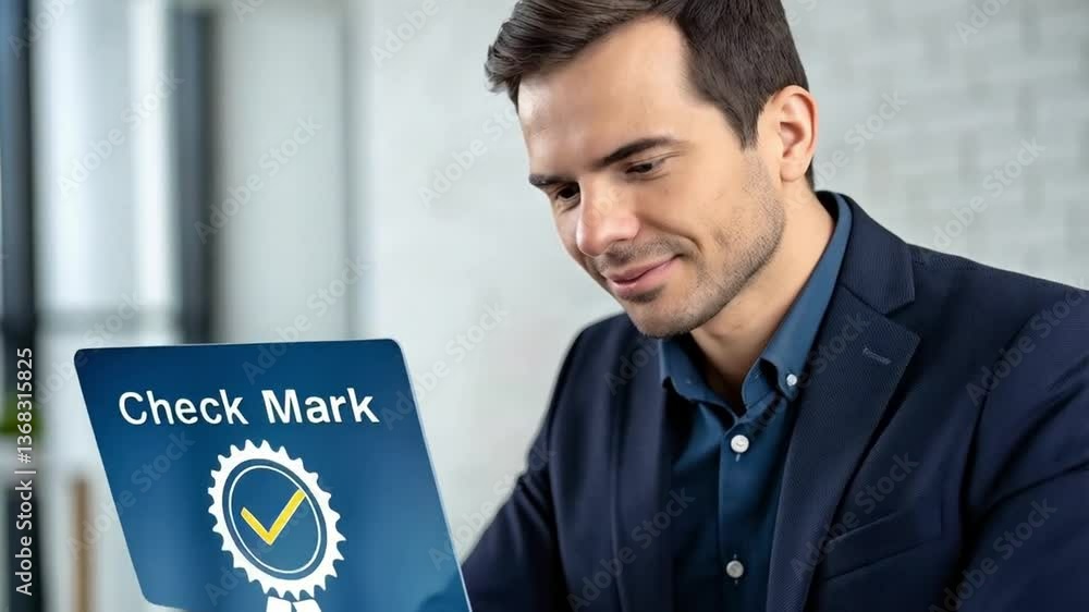 Poster Man working on laptop with check mark graphic overlay in an office environment with a tablet nearby