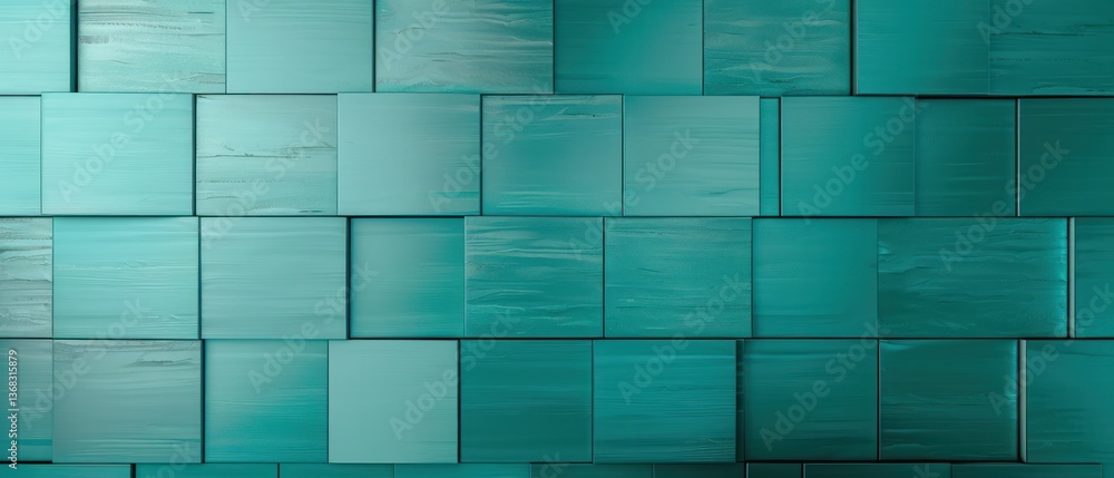 Poster a seamless background of teal metal tiles arranged in an architectural pattern, creating a modern an
