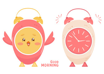 Cute alarm clocks for cheerful wake up and mood. Pair of stylish desk clocks in shape of cute chicken wings. Stylized chronometer for time control and waking up. Front view. Appliance home, kids club