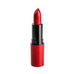Fototapeta premium A vibrant red lipstick in a sleek black and red tube, showcasing its pointed tip and glossy finish, ready for application.