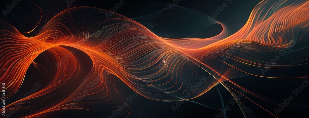 Poster abstract black backgrounds swirl spiral flow curve wave orange red glowing lines graphics features.