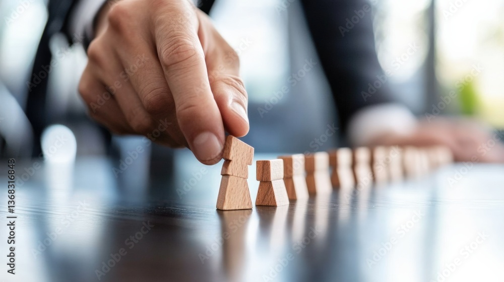 Poster strategic decision-making in business office setting image of hand manipulating wooden blocks profes