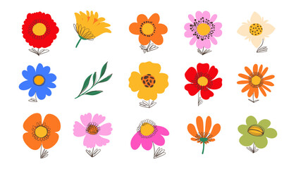 Floral Collection of Hand Drawn Summer Plants in Doodle Style. Colorful flowers and foliage with cute line sketches of branches isolated on white background. Collection of nature plants perfect for