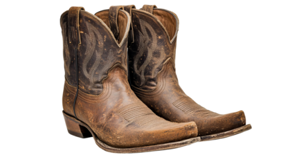 Pair of aged leather cowboy boots, weathered, vintage style, cut out transparent
