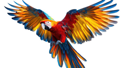 Obraz premium Soaring Spectacle: Vibrant macaw takes flight against a bright backdrop, showcasing vivid colors in a captivating display of avian beauty.