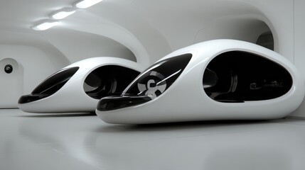 Naklejka premium Futuristic pods in a sleek, modern, white interior. Two smooth, egg-shaped vehicles are parked in a spacious, curved, white room