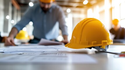 Construction workers collaborating on project plans office setting workplace professional environment focused viewpoint