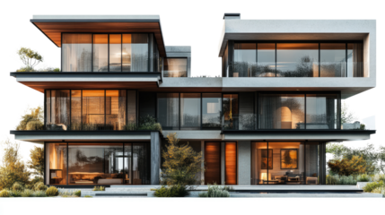Luxury Home Modern Design: An eye-level view of a luxuriously designed modern house, featuring a contemporary architectural style with clean lines and expansive glass windows.