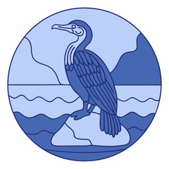 Naklejka premium Seabird perched on coastal rock with mountain view