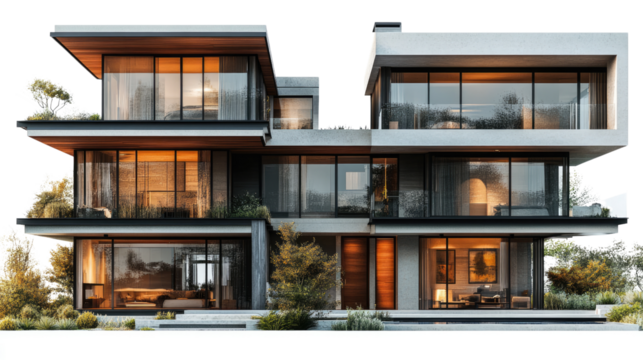 Luxury Home Modern Design: An eye-level view of a luxuriously designed modern house, featuring a contemporary architectural style with clean lines and expansive glass windows.