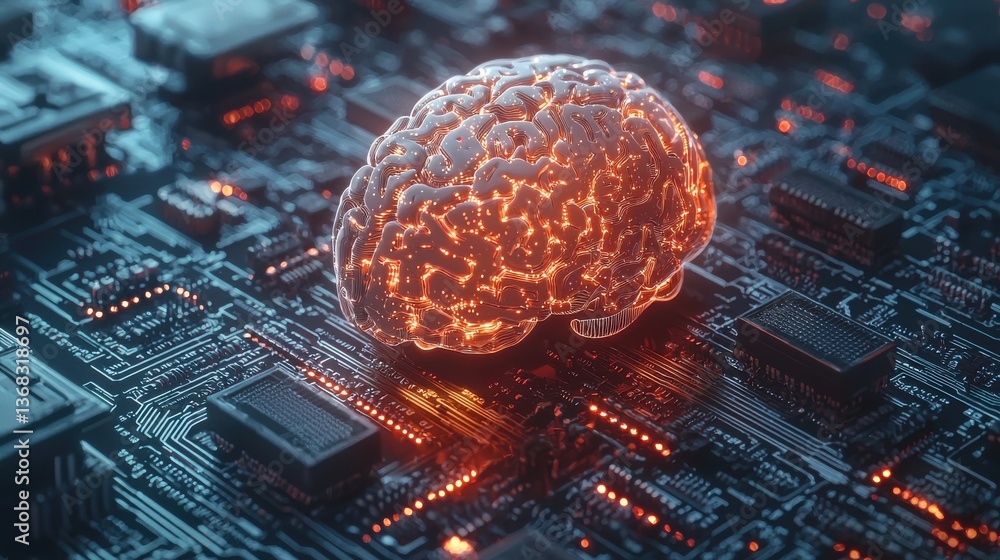 Poster brain model illuminating circuit board design, showcasing ai adaptability and technological innovati