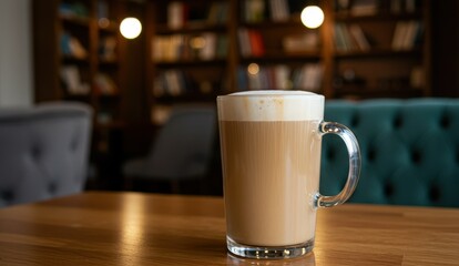 Coffee latte in transparent glass on wooden table in cozy library setting. Inviting atmosphere for relaxation and study.