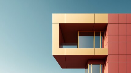 Contemporary architecture showcases a striking cantilevered balcony with geometric lines and vibrant colors against a clear sky at sunset