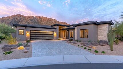 Modern luxury home with beautiful desert landscaping at sunset