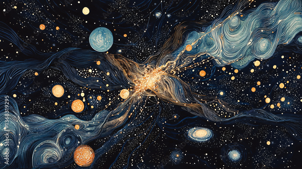 Poster captivating space scene featuring a dazzling array of planets and stars against the dark backdrop of