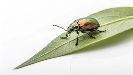 Fototapeta premium Metallic rainbow beetle on a green leaf against a white background, symbolizing biodiversity and the beauty of small creatures