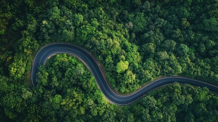 A bird's eye view of a winding mountain road snaking through a verdant forest, offering a peaceful and serene landscape