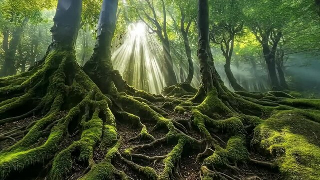 A dense forest with twisted trees and soft moss growing over the roots digital