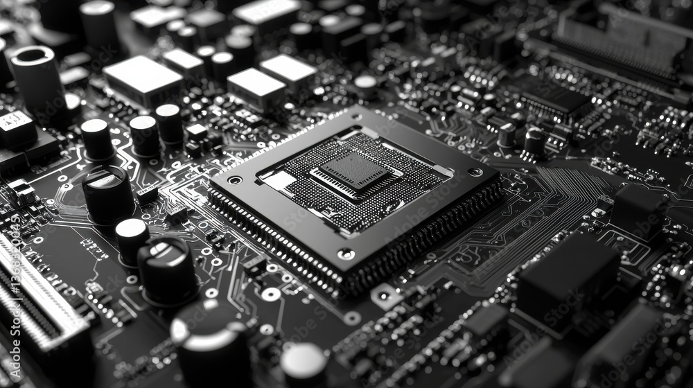 Poster detailed close-up of a modern circuit board showcasing advanced technology and ai components